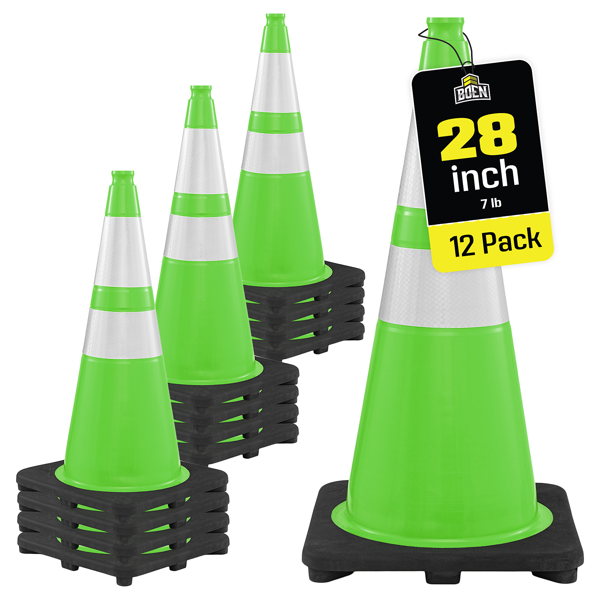 Boen 28 in, Lime Green Traffic Cones, 12-Pack,Traffic Cones with 2 Reflective Collars & 7 lb, Base for Road Work, Parking & Traffic Control